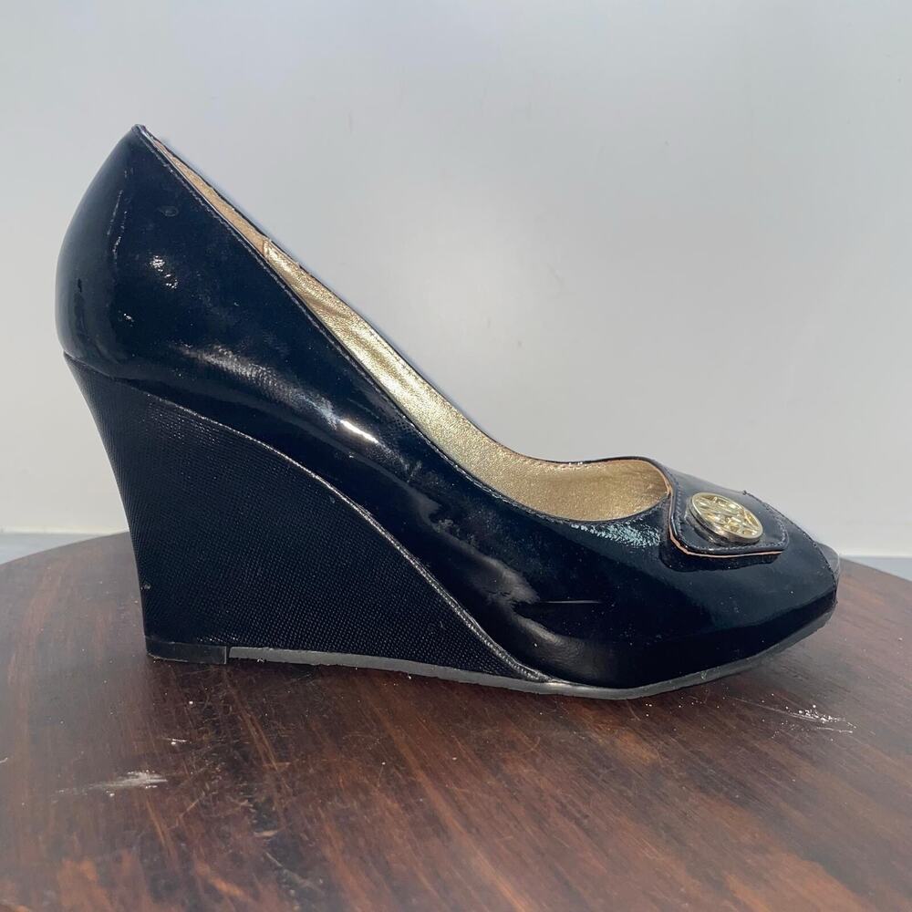 Lilly Pulitzer Women’s 6 Platform Wedge Black Patent Leather Peep Toe Shoe